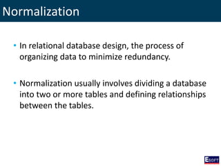 Normalization
• In relational database design, the process of
organizing data to minimize redundancy.
• Normalization usually involves dividing a database
into two or more tables and defining relationships
between the tables.
 