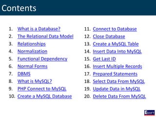 Contents
1. What is a Database?
2. The Relational Data Model
3. Relationships
4. Normalization
5. Functional Dependency
6. Normal Forms
7. DBMS
8. What is MySQL?
9. PHP Connect to MySQL
10. Create a MySQL Database
11. Connect to Database
12. Close Database
13. Create a MySQL Table
14. Insert Data Into MySQL
15. Get Last ID
16. Insert Multiple Records
17. Prepared Statements
18. Select Data From MySQL
19. Update Data in MySQL
20. Delete Data From MySQL
 