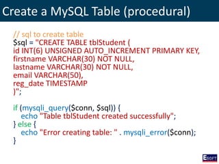 Create a MySQL Table (procedural)
// sql to create table
$sql = "CREATE TABLE tblStudent (
id INT(6) UNSIGNED AUTO_INCREMENT PRIMARY KEY,
firstname VARCHAR(30) NOT NULL,
lastname VARCHAR(30) NOT NULL,
email VARCHAR(50),
reg_date TIMESTAMP
)";
if (mysqli_query($conn, $sql)) {
echo "Table tblStudent created successfully";
} else {
echo "Error creating table: " . mysqli_error($conn);
}
 