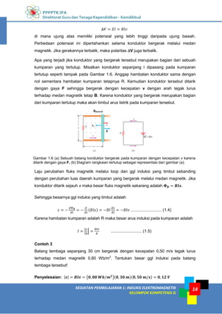 PPPPTK IPA
Direktorat Guru dan Tenaga Kependidikan - Kemdikbud
14
KEGIATAN PEMBELAJARAN 1: INDUKSI ELEKTROMAGNETIK
KELOMPOK KOMPETENSI G
14
di mana ujung atas memiliki potensial yang lebih tinggi daripada ujung bawah.
Perbedaan potensial ini dipertahankan selama konduktor bergerak melalui medan
magnetik. Jika gerakannya terbalik, maka polaritas V juga terbalik.
Apa yang terjadi jika konduktor yang bergerak tersebut merupakan bagian dari sebuah
kumparan yang tertutup. Misalkan konduktor sepanjang l dipasang pada kumparan
tertutup seperti tampak pada Gambar 1.6. Anggap hambatan konduktor sama dengan
nol sementara hambatan kumparan tetapnya R. Kemudian konduktor tersebut ditarik
dengan gaya F sehingga bergerak dengan kecepatan v dengan arah tegak lurus
terhadap medan magnetik tetap B. Karena konduktor yang bergerak merupakan bagian
dari kumparan tertutup maka akan timbul arus listrik pada kumparan tersebut.
Gambar 1.6 (a) Sebuah batang konduktor bergerak pada kumparan dengan kecepatan v karena
ditarik dengan gaya F. (b) Diagram rangkaian tertutup sebagai representasi dari gambar (a).
Laju perubahan fluks magnetik melalui loop dan ggl induksi yang timbul sebanding
dengan perubahan luas daerah kumparan yang bergerak melalui medan magnetik. Jika
konduktor ditarik sejauh x maka besar fluks magnetik sekarang adalah .
Sehingga besarnya ggl induksi yang timbul adalah
( ) ........................... (1.4)
Karena hambatan kumparan adalah R maka besar arus induksi pada kumparan adalah
| | ........................... (1.5)
Contoh 3
Batang tembaga sepanjang 30 cm bergerak dengan kecepatan 0,50 m/s tegak lurus
terhadap medan magnetik 0,80 Wb/m2
. Tentukan besar ggl induksi pada batang
tembaga tersebut!
Penyelesaian: | | ( )( )( )
 