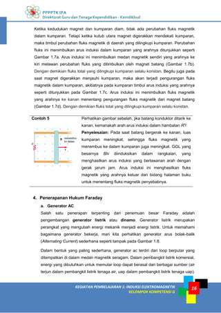 PPPPTK IPA
Direktorat Guru dan Tenaga Kependidikan - Kemdikbud
16
KEGIATAN PEMBELAJARAN 1: INDUKSI ELEKTROMAGNETIK
KELOMPOK KOMPETENSI G
16
Ketika kedudukan magnet dan kumparan diam, tidak ada perubahan fluks magnetik
dalam kumparan. Tetapi ketika kutub utara magnet digerakkan mendekati kumparan,
maka timbul perubahan fluks magnetik di daerah yang dilingkupi kumparan. Perubahan
fluks ini menimbulkan arus induksi dalam kumparan yang arahnya ditunjukkan seperti
Gambar 1.7a. Arus induksi ini menimbulkan medan magnetik sendiri yang arahnya ke
kiri melawan perubahan fluks yang ditimbulkan oleh magnet batang (Gambar 1.7b).
Dengan demikian fluks total yang dilingkupi kumparan selalu konstan. Begitu juga pada
saat magnet digerakkan menjauhi kumparan, maka akan terjadi pengurangan fluks
magnetik dalam kumparan, akibatnya pada kumparan timbul arus induksi yang arahnya
seperti ditunjukkan pada Gambar 1.7c. Arus induksi ini menimbulkan fluks magnetik
yang arahnya ke kanan menentang pengurangan fluks magnetik dari magnet batang
(Gambar 1.7d). Dengan demikian fluks total yang dilingkupi kumparan selalu konstan.
Contoh 5 Perhatikan gambar sebelah, jika batang konduktor ditarik ke
kanan, kemanakah arah arus induksi dalam hambatan R?
Penyelesaian: Pada saat batang bergerak ke kanan, luas
kumparan meningkat, sehingga fluks magnetik yang
menembus ke dalam kumparan juga meningkat. GGL yang
besarnya Blv diinduksikan dalam rangkaian, yang
menghasilkan arus induksi yang berlawanan arah dengan
gerak jarum jam. Arus induksi ini menghasilkan fluks
magnetik yang arahnya keluar dari bidang halaman buku
untuk menentang fluks magnetik penyebabnya.
4. Penerapanan Hukum Faraday
a. Generator AC
Salah satu penerapan terpenting dari penemuan besar Faraday adalah
pengembangan generator listrik atau dinamo. Generator listrik merupakan
perangkat yang mengubah energi mekanik menjadi energi listrik. Untuk memahami
bagaimana generator bekerja, mari kita perhatikan generator arus bolak-balik
(Alternating Current) sederhana seperti tampak pada Gambar 1.8.
Dalam bentuk yang paling sederhana, generator ac terdiri dari loop berputar yang
ditempatkan di dalam medan magnetik seragam. Dalam pembangkit listrik komersial,
energi yang dibutuhkan untuk memutar loop dapat berasal dari berbagai sumber (air
terjun dalam pembangkit listrik tenaga air, uap dalam pembangkit listrik tenaga uap).
 