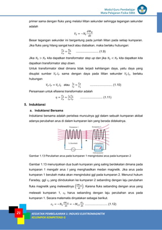 LISTRIK untuk SMP
Modul Guru Pembelajar
Mata Pelajaran Fisika SMA
KEGIATAN PEMBELAJARAN 1: INDUKSI ELEKTROMAGNETIK
KELOMPOK KOMPETENSI G
21
primer sama dengan fluks yang melalui lilitan sekunder sehingga tegangan sekunder
adalah
Besar tegangan sekunder ini bergantung pada jumlah lilitan pada setiap kumparan.
Jika fluks yang hilang sangat kecil atau diabaikan, maka berlaku hubungan:
........................... (1.9)
Jika kita dapatkan transformator step up dan jika kita dapatkan kita
dapatkan transformator step down.
Untuk transformator ideal dimana tidak terjadi kehilangan daya, yaitu daya yang
disuplai sumber sama dengan daya pada lilitan sekunder , berlaku
hubungan
atau ........................... (1.10)
Persamaan untuk efisiensi transformator adalah
........................... (1.11)
5. Induktansi
a. Induktansi Bersama
Induktansi bersama adalah peristiwa munculnya ggl dalam sebuah kumparan akibat
adanya perubahan arus di dalam kumparan lain yang berada didekatnya.
Gambar 1.13 Perubahan arus pada kumparan 1 menginduksi arus pada kumparan 2
Gambar 1.13 menunjukkan dua buah kumparan yang saling berdekatan dimana pada
kumparan 1 mengalir arus I yang menghasilkan medan magnetik. Jika arus pada
kumparan 1 berubah maka akan menginduksi ggl pada kumparan 2. Menurut hukum
Faraday, ggl 2 yang diinduksikan ke kumparan 2 sebanding dengan laju perubahan
fluks magnetik yang melewatinya ( ). Karena fluks sebanding dengan arus yang
melewati kumparan 1, 2 harus sebanding dengan laju perubahan arus pada
kumparan 1. Secara matematis dinyatakan sebagai berikut.
........................... (1.12)
 