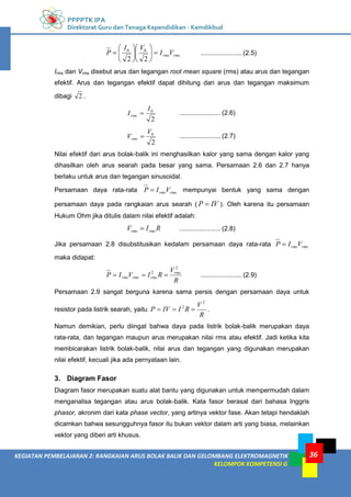 PPPPTK IPA
Direktorat Guru dan Tenaga Kependidikan - Kemdikbud
36
KEGIATAN PEMBELAJARAN 2: RANGKAIAN ARUS BOLAK BALIK DAN GELOMBANG ELEKTROMAGNETIK
KELOMPOK KOMPETENSI G
rms
rmsV
I
V
I
P 













2
2
0
0
.......................(2.5)
Irms dan Vrms disebut arus dan tegangan root mean square (rms) atau arus dan tegangan
efektif. Arus dan tegangan efektif dapat dihitung dari arus dan tegangan maksimum
dibagi 2 .
2
0
I
Irms  ....................... (2.6)
2
0
V
Vrms  ....................... (2.7)
Nilai efektif dari arus bolak-balik ini menghasilkan kalor yang sama dengan kalor yang
dihasilkan oleh arus searah pada besar yang sama. Persamaan 2.6 dan 2.7 hanya
berlaku untuk arus dan tegangan sinusoidal.
Persamaan daya rata-rata rms
rmsV
I
P  mempunyai bentuk yang sama dengan
persamaan daya pada rangkaian arus searah ( IV
P  ). Oleh karena itu persamaan
Hukum Ohm jika ditulis dalam nilai efektif adalah:
R
I
V rms
rms  ....................... (2.8)
Jika persamaan 2.8 disubstitusikan kedalam persamaan daya rata-rata rms
rmsV
I
P 
maka didapat:
R
V
R
I
V
I
P rms
rms
rms
rms
2
2


 .......................(2.9)
Persamaan 2.9 sangat berguna karena sama persis dengan persamaan daya untuk
resistor pada listrik searah, yaitu
R
V
R
I
IV
P
2
2


 .
Namun demikian, perlu diingat bahwa daya pada listrik bolak-balik merupakan daya
rata-rata, dan tegangan maupun arus merupakan nilai rms atau efektif. Jadi ketika kita
membicarakan listrik bolak-balik, nilai arus dan tegangan yang digunakan merupakan
nilai efektif, kecuali jika ada pernyataan lain.
3. Diagram Fasor
Diagram fasor merupakan suatu alat bantu yang digunakan untuk mempermudah dalam
menganalisa tegangan atau arus bolak-balik. Kata fasor berasal dari bahasa Inggris
phasor, akronim dari kata phase vector, yang artinya vektor fase. Akan tetapi hendaklah
dicamkan bahwa sesungguhnya fasor itu bukan vektor dalam arti yang biasa, melainkan
vektor yang diberi arti khusus.
 