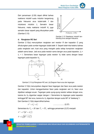 LISTRIK untuk SMP
Modul Guru Pembelajar
Mata Pelajaran Fisika SMA
KEGIATAN PEMBELAJARAN 2: RANGKAIAN ARUS BOLAK BALIK DAN GELOMBANG ELEKTROMAGNETIK
KELOMPOK KOMPETENSI G
43
Dari persamaan (2.26) dapat dilihat bahwa
reaktansi induktif suatu induktor bergantung
pada frekuensi arus bolak-balik f dan
induktansi induktor L. Semakin besar
frekuensi, maka reaktansi induktif XL juga
semakin besar seperti yang ditunjukkan pada
(Gambar 2.12)
d. Rangkaian RC Seri
Gambar 2.13(a) menunjukkan rangkaian seri resistor R dan kapasitor C yang
dihubungkan pada sumber tegangan bolak-balik V. Seperti telah kita ketahui bahwa
pada rangkaian seri, kuat arus yang mengalir pada setiap komponen rangkaian
adalah sama besar. Jadi arus pada resistor sama dengan arus pada kapasitor, IR =
IC = I. Sementara besar tegangan pada resistor VR tidak sama dengan besar
tegangan pada kapasitor VC.
Gambar 2.13 (a) Rangkaian RC seri, (b) Diagram fasor arus dan tegangan
Gambar 2.13(b) menunjukkan diagram fasor tegangan dan fasor arus pada resistor
dan kapasitor. Untuk menggambarkan fasor pada rangkaian seri ini, fasor arus
dijadikan sebagai acuan. Tegangan pada ujung-ujung resistor sefase dengan arus,
karena itu VR digambar sejajar dengan I. Sementara itu tegangan pada kapasitor
tertinggal 90o
dari arus, karena itu VC digambar dengan sudut 90o
di “belakang” I.
Dari Gambar 2.13(b) dapat dilihat bahwa:
2
2
2
C
R V
V
V 
 ...................... (2.27)
Sementara itu IR
VR  dan C
C IX
V  sehingga persamaan (2.27) menjadi:
 
2
2
2
2
C
X
R
I
V 

 
2
2
C
X
R
I
V 

Frekuensi, f (Hz)
Reaktansi
induktif,
X
L
(ohm)
Gambar 2.12 Reaktansi induktif ber-
banding lurus dengan frekuensi.
 