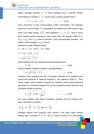PPPPTK IPA
Direktorat Guru dan Tenaga Kependidikan - Kemdikbud
46
KEGIATAN PEMBELAJARAN 2: RANGKAIAN ARUS BOLAK BALIK DAN GELOMBANG ELEKTROMAGNETIK
KELOMPOK KOMPETENSI G
aljabar, sehingga diperoleh .
C
L V
V  Fasor tegangan total V diperoleh dengan
menjumlahkan VR dengan C
L V
V  secara vektor. Hasilnya sebagai berikut:
 2
2
2
C
L
R V
V
V
V 

 ...................... (2.33)
Pada persamaan di atas masing-masing simbol menunjukkan nilai tegangan
maksimum, dan jika dibagi 2 menghasilkan nilai efektif (rms). Oleh karena itu jika
kedua ruas dibagi dengan  2
2 maka didapatkan 2
0
V
Vrms  . Hasil ini sama
persis dengan bentuk persamaan di atas, tetapi untuk nilai tegangan efektif (Vrms,
VR-rms, VC-rms, dan VL-rms). Namun demikian, untuk mempersingkat penulisan, nilai
efektif ini ditulis sebagai V, VR, VC, dan VL.
Sebelumnya sudah diketahui bahwa:
IR
VR  , L
L IX
V  , dan C
C IX
V  maka:
 2
2
2
2
2
C
L X
X
I
R
I
V 


 2
2
C
L X
X
R
I
V 


Untuk rangkaian RLC seri, berlaku persamaan sebagai berikut:
IZ
V  ...................... (2.34)
Dimana Z adalah impedansi rangkaian, sehingga didapat:
 2
2
C
L X
X
R
Z 

 ...................... (2.35)
Impedansi pada rangkaian seri RLC merupakan hambatan total rangkaian yang
berasal dari hambatan R, reaktansi kapasitif XC, dan reaktansi induktif XL. Perlu
diingat, seperti halnya reaktansi kapasitif dan reaktansi induktif yang bergantung
pada frekuensi, impedansi rangkaian RLC seri pun bergantung pada frekuensi, yang
dinyatakan dengan persamaan:
2
2
2
1
2 










fC
fL
R
Z

 ...................... (2.36)
Arus yang mengalir pada seluruh komponen rangkaian seri RLC adalah sama
besar, oleh karena itu berlaku
Sehingga diagram fasor tegangan pada Gambar 2.15b dapat diganti dengan
diagram fasor impedansi Z, R, XL, dan XC seperti Gambar 2.16. Berdasarkan
 