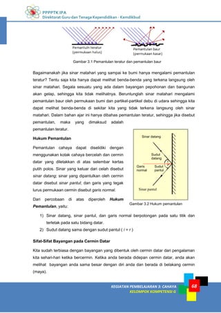 PPPPTK IPA
Direktorat Guru dan Tenaga Kependidikan - Kemdikbud
KEGIATAN PEMBELAJARAN 3: CAHAYA
KELOMPOK KOMPETENSI G
68
Gambar 3.1 Pemantulan teratur dan pemantulan baur
Bagaimanakah jika sinar matahari yang sampai ke bumi hanya mengalami pemantulan
teratur? Tentu saja kita hanya dapat melihat benda-benda yang terkena langsung oleh
sinar matahari. Segala sesuatu yang ada dalam bayangan pepohonan dan bangunan
akan gelap, sehingga kita tidak melihatnya. Beruntunglah sinar matahari mengalami
pemantulan baur oleh permukaan bumi dan partikel-partikel debu di udara sehingga kita
dapat melihat benda-benda di sekitar kita yang tidak terkena langsung oleh sinar
matahari. Dalam bahan ajar ini hanya dibahas pemantulan teratur, sehingga jika disebut
pemantulan, maka yang dimaksud adalah
pemantulan teratur.
Hukum Pemantulan
Pemantulan cahaya dapat diselidiki dengan
menggunakan kotak cahaya bercelah dan cermin
datar yang diletakkan di atas selembar kertas
putih polos. Sinar yang keluar dari celah disebut
sinar datang; sinar yang dipantulkan oleh cermin
datar disebut sinar pantul; dan garis yang tegak
lurus permukaan cermin disebut garis normal.
Dari percobaan di atas diperoleh Hukum
Pemantulan, yaitu:
1) Sinar datang, sinar pantul, dan garis normal berpotongan pada satu titik dan
terletak pada satu bidang datar.
2) Sudut datang sama dengan sudut pantul ( i = r )
Sifat-Sifat Bayangan pada Cermin Datar
Kita sudah terbiasa dengan bayangan yang dibentuk oleh cermin datar dari pengalaman
kita sehari-hari ketika bercermin. Ketika anda berada didepan cermin datar, anda akan
melihat bayangan anda sama besar dengan diri anda dan berada di belakang cermin
(maya).
Sinar datang
Sinar pantul
Garis
normal
Sudut
datang
Sudut
pantul
i
r
Gambar 3.2 Hukum pemantulan
 