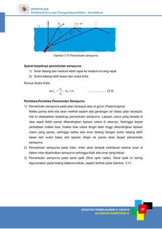 PPPPTK IPA
Direktorat Guru dan Tenaga Kependidikan - Kemdikbud
KEGIATAN PEMBELAJARAN 3: CAHAYA
KELOMPOK KOMPETENSI G
74
Syarat terjadinya pemantulan sempurna:
1) Sinar datang dari medium lebih rapat ke medium kurang rapat.
2) Sudut datang lebih besar dari sudut kritis.
Rumus Sudut Kritis:
,
sin
1
2
n
n
ik  n2  n1 ...................... (3.3)
Peristiwa-Peristiwa Pemantulan Sempurna
1) Pemantulan sempurna pada jalan beraspal atau di gurun (Fatamorgana)
Ketika panas terik kita akan melihat seperti ada genangan air diatas jalan beraspal.
Hal ini disebabkan terjadinya pemantulan sempurna. Lapisan udara yang berada di
atas aspal llebih panas dibandingkan lapisan udara di atasnya. Sehingga terjadi
perbedaan indeks bias. Indeks bias udara dingin lebih tinggi dibandingkan lapisan
udara yang panas, sehingga ketika ada sinar datang dengan sudut datang lebih
besar dari sudut batas dari lapisan dingin ke panas akan terjadi pemantulan
sempurna.
2) Pemantulan sempurna pada intan. Intan akan tampak berkilauan karena sinar di
dalam intan dipantulkan sempurna sehingga tidak ada sinar yang keluar.
3) Pemantulan sempurna pada serat optik (fibre optic cable). Serat optik ini sering
digunanakan pada bidang telekomunikasi, seperti terlihat pada Gambar 3.11.
Gambar 3.10 Pemantulan sempurna
 
