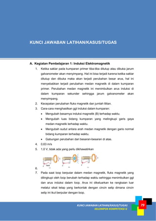 KUNCI JAWABAN LATIHAN/KASUS/TUGAS
KELOMPOK KOMPETENSI G
79
A. Kegiatan Pembelajaran 1: Induksi Elektromagnetik
1. Ketika saklar pada kumparan primer tiba-tiba ditutup atau dibuka jarum
galvanometer akan menyimpang. Hal ini bisa terjadi karena ketika saklar
ditutup dan dibuka maka akan terjadi perubahan besar arus, hal ini
menyebabkan terjadi perubahan medan magnetik di dalam kumparan
primer. Perubahan medan magnetik ini menimbulkan arus induksi di
dalam kumparan sekunder sehingga jarum galvanometer akan
menyimpang.
2. Kecepatan perubahan fluks magnetik dan jumlah lilitan.
3. Cara-cara menghasilkan ggl induksi dalam kumparan:
 Mengubah besarnya induksi magnetik (B) terhadap waktu.
 Mengubah luas bidang kumparan yang melingkupi garis gaya
medan magnetik terhadap waktu.
 Mengubah sudut antara arah medan magnetik dengan garis normal
bidang kumparan terhadap waktu.
 Gabungan perubahan dari besaran-besaran di atas.
4. 0,63 m/s
5. 1,0 V, tidak ada yang perlu dikhawatirkan
6.
7. Pada saat loop berputar dalam medan magnetik, fluks magnetik yang
dilingkupi oleh loop berubah terhadap waktu sehingga menimbulkan ggl
dan arus induksi dalam loop. Arus ini dikeluarkan ke rangkaian luar
melalui sikat tetap yang berkontak dengan cincin selip dimana cincin
selip ini ikut berputar dengan loop.
KUNCI JAWABAN LATIHAN/KASUS/TUGAS
 