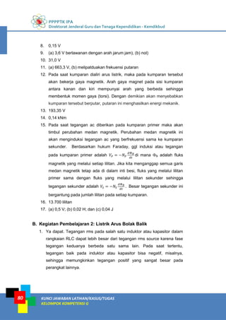 PPPPTK IPA
Direktorat Jenderal Guru dan Tenaga Kependidikan - Kemdikbud
KUNCI JAWABAN LATIHAN/KASUS/TUGAS
KELOMPOK KOMPETENSI G
80
8. 0,15 V
9. (a) 3,6 V berlawanan dengan arah jarum jam), (b) nol)
10. 31,0 V
11. (a) 663,3 V, (b) melipatduakan frekuensi putaran
12. Pada saat kumparan dialiri arus listrik, maka pada kumparan tersebut
akan bekerja gaya magnetik. Arah gaya magnet pada sisi kumparan
antara kanan dan kiri mempunyai arah yang berbeda sehingga
membentuk momen gaya (torsi). Dengan demikian akan menyebabkan
kumparan tersebut berputar, putaran ini menghasilkan energi mekanik.
13. 193,35 V
14. 0,14 kNm
15. Pada saat tegangan ac diberikan pada kumparan primer maka akan
timbul perubahan medan magnetik. Perubahan medan magnetik ini
akan menginduksi tegangan ac yang berfrekuensi sama ke kumparan
sekunder. Berdasarkan hukum Faraday, ggl induksi atau tegangan
pada kumparan primer adalah di mana B adalah fluks
magnetik yang melalui setiap lilitan. Jika kita menganggap semua garis
medan magnetik tetap ada di dalam inti besi, fluks yang melalui lilitan
primer sama dengan fluks yang melalui lilitan sekunder sehingga
tegangan sekunder adalah Besar tegangan sekunder ini
bergantung pada jumlah lilitan pada setiap kumparan.
16. 13.700 lilitan
17. (a) 0,5 V; (b) 0,02 H; dan (c) 0,04 J
B. Kegiatan Pembelajaran 2: Listrik Arus Bolak Balik
1. Ya dapat. Tegangan rms pada salah satu induktor atau kapasitor dalam
rangkaian RLC dapat lebih besar dari tegangan rms source karena fase
tegangan keduanya berbeda satu sama lain. Pada saat tertentu,
tegangan baik pada induktor atau kapasitor bisa negatif, misalnya,
sehingga memungkinkan tegangan positif yang sangat besar pada
perangkat lainnya.
 