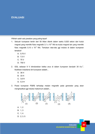 83
EVALUASI
KELOMPOK KOMPETENSI G
83
Pilihlah salah satu jawaban yang paling tepat!
1. Sebuah kumparan terdiri dari 50 lilitan ditarik dalam waktu 0,020 sekon dari kutub
magnet yang memiliki fluks magnetik 3,1 x 10-4
Wb ke kutub magnet lain yang memiliki
fluks magnetik 0,10 x 10-4
Wb. Tentukan rata-rata ggl induksi di dalam kumparan
tersebut!
A. 0,75 V
B. 7,5 V
C. 75 V
D. 750 V
2. GGL sebesar 9 V diinduksikan ketika arus di dalam kumparan berubah 30 A.s-1
.
Koefisien induktansi diri kumparan adalah...
A. 36 H
B. 33 H
C. 3,6 H
D. 0,3 H
3. Posisi kumparan PQRS terhadap medan magnetik pada generator yang akan
menghasilkan ggl induksi maksimum adalah...
A. 1, 2
B. 1, 3
C. 1, 4
D. 2, 3, 5
EVALUASI
 
