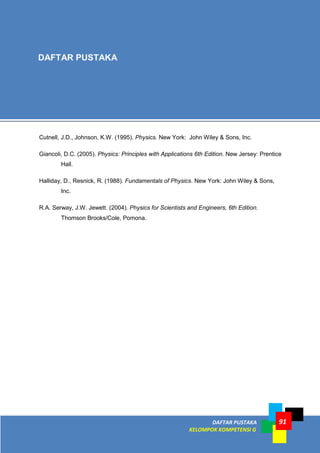 91
DAFTAR PUSTAKA
KELOMPOK KOMPETENSI G
91
Cutnell, J.D., Johnson, K.W. (1995). Physics. New York: John Wiley & Sons, Inc.
Giancoli, D.C. (2005). Physics: Principles with Applications 6th Edition. New Jersey: Prentice
Hall.
Halliday, D., Resnick, R. (1988). Fundamentals of Physics. New York: John Wiley & Sons,
Inc.
R.A. Serway, J.W. Jewett. (2004). Physics for Scientists and Engineers, 6th Edition.
Thomson Brooks/Cole, Pomona.
DAFTAR PUSTAKA
 