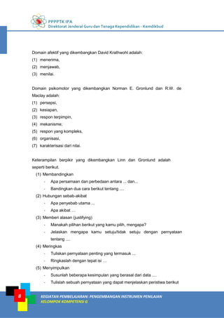 PPPPTK IPA
Direktorat Jenderal Guru dan Tenaga Kependidikan - Kemdikbud
KEGIATAN PEMBELAJARAN: PENGEMBANGAN INSTRUMEN PENILAIAN
KELOMPOK KOMPETENSI G
8
Domain afektif yang dikembangkan David Krathwohl adalah:
(1) menerima,
(2) menjawab,
(3) menilai.
Domain psikomotor yang dikembangkan Norman E. Gronlund dan R.W. de
Maclay adalah:
(1) persepsi,
(2) kesiapan,
(3) respon terpimpin,
(4) mekanisme;
(5) respon yang kompleks,
(6) organisasi,
(7) karakterisasi dari nilai.
Keterampilan berpikir yang dikembangkan Linn dan Gronlund adalah
seperti berikut.
(1) Membandingkan
- Apa persamaan dan perbedaan antara ... dan...
- Bandingkan dua cara berikut tentang ....
(2) Hubungan sebab-akibat
- Apa penyebab utama ...
- Apa akibat …
(3) Memberi alasan (justifying)
- Manakah pilihan berikut yang kamu pilih, mengapa?
- Jelaskan mengapa kamu setuju/tidak setuju dengan pernyataan
tentang ....
(4) Meringkas
- Tuliskan pernyataan penting yang termasuk ...
- Ringkaslah dengan tepat isi …
(5) Menyimpulkan
- Susunlah beberapa kesimpulan yang berasal dari data ....
- Tulislah sebuah pernyataan yang dapat menjelaskan peristiwa berikut
 