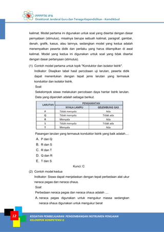PPPPTK IPA
Direktorat Jenderal Guru dan Tenaga Kependidikan - Kemdikbud
KEGIATAN PEMBELAJARAN: PENGEMBANGAN INSTRUMEN PENILAIAN
KELOMPOK KOMPETENSI G
12
kalimat. Model pertama ini digunakan untuk soal yang disertai dengan dasar
pernyataan (stimulus), misalnya berupa sebuah kalimat, paragraf, gambar,
denah, grafik, kasus, atau lainnya, sedangkan model yang kedua adalah
menempatkan peserta didik dan perilaku yang harus ditampilkan di awal
kalimat. Model yang kedua ini digunakan untuk soal yang tidak disertai
dengan dasar pertanyaan (stimulus).
(1) Contoh model pertama untuk topik "Konduktor dan isolator listrik".
Indikator: Disajikan tabel hasil percobaan uji larutan, peserta didik
dapat menentukan dengan tepat jenis larutan yang termasuk
konduktor dan isolator listrik.
Soal:
Sekelompok siswa melakukan percobaan daya hantar listrik larutan.
Data yang diperoleh adalah sebagai berikut.
Pasangan larutan yang termasuk konduktor listrik yang baik adalah....
A. P dan Q
B. R dan S
C. R dan T
D. Q dan R
E. T dan S
Kunci: C
(2) Contoh model kedua
Indikator: Siswa dapat menjelaskan dengan tepat perbedaan alat ukur
neraca pegas dan neraca ohaus.
Soal:
Perbedaan neraca pegas dan neraca ohaus adalah ....
A. neraca pegas digunakan untuk mengukur massa sedangkan
neraca ohaus digunakan untuk mengukur berat
 