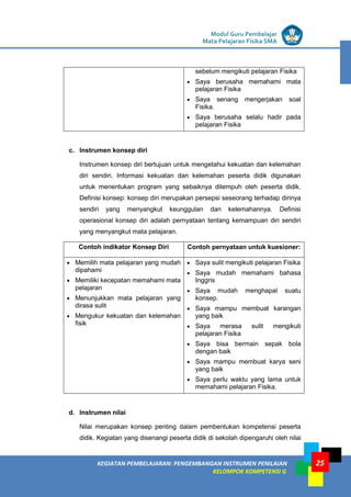 LISTRIK untuk SMP
KEGIATAN PEMBELAJARAN: PENGEMBANGAN INSTRUMEN PENILAIAN
KELOMPOK KOMPETENSI G
Modul Guru Pembelajar
Mata Pelajaran Fisika SMA
25
sebelum mengikuti pelajaran Fisika
 Saya berusaha memahami mata
pelajaran Fisika
 Saya senang mengerjakan soal
Fisika.
 Saya berusaha selalu hadir pada
pelajaran Fisika
c. Instrumen konsep diri
Instrumen konsep diri bertujuan untuk mengetahui kekuatan dan kelemahan
diri sendiri. Informasi kekuatan dan kelemahan peserta didik digunakan
untuk menentukan program yang sebaiknya ditempuh oleh peserta didik.
Definisi konsep: konsep diri merupakan persepsi seseorang terhadap dirinya
sendiri yang menyangkut keunggulan dan kelemahannya. Definisi
operasional konsep diri adalah pernyataan tentang kemampuan diri sendiri
yang menyangkut mata pelajaran.
Contoh indikator Konsep Diri Contoh pernyataan untuk kuesioner:
 Memilih mata pelajaran yang mudah
dipahami
 Memiliki kecepatan memahami mata
pelajaran
 Menunjukkan mata pelajaran yang
dirasa sulit
 Mengukur kekuatan dan kelemahan
fisik
 Saya sulit mengikuti pelajaran Fisika
 Saya mudah memahami bahasa
Inggris
 Saya mudah menghapal suatu
konsep.
 Saya mampu membuat karangan
yang baik
 Saya merasa sulit mengikuti
pelajaran Fisika
 Saya bisa bermain sepak bola
dengan baik
 Saya mampu membuat karya seni
yang baik
 Saya perlu waktu yang lama untuk
memahami pelajaran Fisika.
d. Instrumen nilai
Nilai merupakan konsep penting dalam pembentukan kompetensi peserta
didik. Kegiatan yang disenangi peserta didik di sekolah dipengaruhi oleh nilai
 