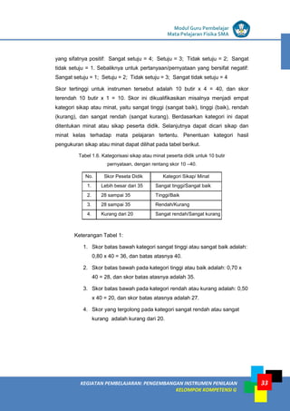 LISTRIK untuk SMP
KEGIATAN PEMBELAJARAN: PENGEMBANGAN INSTRUMEN PENILAIAN
KELOMPOK KOMPETENSI G
Modul Guru Pembelajar
Mata Pelajaran Fisika SMA
33
yang sifatnya positif: Sangat setuju = 4; Setuju = 3; Tidak setuju = 2; Sangat
tidak setuju = 1. Sebaliknya untuk pertanyaan/pernyataan yang bersifat negatif:
Sangat setuju = 1; Setuju = 2; Tidak setuju = 3; Sangat tidak setuju = 4
Skor tertinggi untuk instrumen tersebut adalah 10 butir x 4 = 40, dan skor
terendah 10 butir x 1 = 10. Skor ini dikualifikasikan misalnya menjadi empat
kategori sikap atau minat, yaitu sangat tinggi (sangat baik), tinggi (baik), rendah
(kurang), dan sangat rendah (sangat kurang). Berdasarkan kategori ini dapat
ditentukan minat atau sikap peserta didik. Selanjutnya dapat dicari sikap dan
minat kelas terhadap mata pelajaran tertentu. Penentuan kategori hasil
pengukuran sikap atau minat dapat dilihat pada tabel berikut.
Tabel 1.6. Kategorisasi sikap atau minat peserta didik untuk 10 butir
pernyataan, dengan rentang skor 10 –40.
No. Skor Peseta Didik Kategori Sikap/ Minat
1. Lebih besar dari 35 Sangat tinggi/Sangat baik
2. 28 sampai 35 Tinggi/Baik
3. 28 sampai 35 Rendah/Kurang
4. Kurang dari 20 Sangat rendah/Sangat kurang
Keterangan Tabel 1:
1. Skor batas bawah kategori sangat tinggi atau sangat baik adalah:
0,80 x 40 = 36, dan batas atasnya 40.
2. Skor batas bawah pada kategori tinggi atau baik adalah: 0,70 x
40 = 28, dan skor batas atasnya adalah 35.
3. Skor batas bawah pada kategori rendah atau kurang adalah: 0,50
x 40 = 20, dan skor batas atasnya adalah 27.
4. Skor yang tergolong pada kategori sangat rendah atau sangat
kurang adalah kurang dari 20.
 