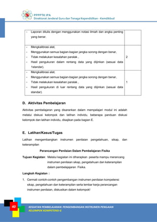 PPPPTK IPA
Direktorat Jenderal Guru dan Tenaga Kependidikan - Kemdikbud
KEGIATAN PEMBELAJARAN: PENGEMBANGAN INSTRUMEN PENILAIAN
KELOMPOK KOMPETENSI G
40
- Laporan ditulis dengan menggunakan notasi ilmiah dan angka penting
yang benar.
- Mengkalibrasi alat,
- Menggunakan semua bagian-bagian jangka sorong dengan benar,
- Tidak melakukan kesalahan paralak ,
- Hasil pengukuran dalam rentang data yang diijinkan (sesuai data
1standar).
2
- Mengkalibrasi alat,
- Menggunakan semua bagian-bagian jangka sorong dengan benar,
- Tidak melakukan kesalahan paralak ,
- Hasil pengukuran di luar rentang data yang diijinkan (sesuai data
standar).
1
D. Aktivitas Pembelajaran
Aktivitas pembelajaran yang disarankan dalam mempelajari modul ini adalah
melalui diskusi kelompok dan latihan individu. beberapa panduan diskusi
kelompok dan latihan individu, disajikan pada bagian E.
E. Latihan/Kasus/Tugas
Latihan mengembangkan instrumen penilaian pengetahuan, sikap, dan
keterampilan
Perancangan Penilaian Dalam Pembelajaran Fisika
Tujuan Kegiatan: Melalui kegiatan ini diharapkan peserta mampu merancang
instrumen penilaian sikap, pengetahuan dan keterampilan
dalam pembelajajaran Fisika.
Langkah Kegiatan :
1. Cermati contoh-contoh pengembangan instrumen penilaian kompetensi
sikap, pengetahuan dan keterampilan serta lembar kerja perancangan
instrumen penilaian, diskusikan dalam kelompok!
 