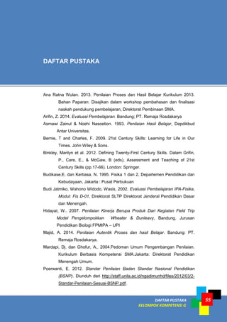 DAFTAR PUSTAKA
KELOMPOK KOMPETENSI G
55
Ana Ratna Wulan. 2013. Penilaian Proses dan Hasil Belajar Kurikulum 2013.
Bahan Paparan: Disajikan dalam workshop pembahasan dan finalisasi
naskah pendukung pembelajaran, Direktorat Pembinaan SMA.
Arifin, Z. 2014. Evaluasi Pembelajaran. Bandung; PT. Remaja Rosdakarya
Asmawi Zainul & Noehi Nasoetion. 1993. Penilaian Hasil Belajar, Depdikbud
Antar Universitas.
Bernie, T and Charles, F. 2009. 21st Century Skills: Learning for Life in Our
Times. John Wiley & Sons.
Binkley, Marilyn et al. 2012. Defining Twenty-First Century Skills. Dalam Grifin,
P., Care, E., & McGaw, B (eds), Assessment and Teaching of 21st
Century Skills (pp.17-66). London: Springer.
Budikase,E, dan Kertiasa, N. 1995. Fisika 1 dan 2, Departemen Pendidikan dan
Kebudayaan, Jakarta : Pusat Perbukuan
Budi Jatmiko, Wahono Widodo, Wasis, 2002. Evaluasi Pembelajaran IPA-Fisika,
Modul: Fis D-01, Direktorat SLTP Direktorat Jenderal Pendidikan Dasar
dan Menengah.
Hidayat, W.. 2007. Penilaian Kinerja Berupa Produk Dari Kegiatan Field Trip
Model Pengelompokkan Wheater & Dunleavy, Bandung, Jurusan
Pendidikan Biologi FPMIPA – UPI
Majid, A. 2014. Penilaian Autentik Proses dan hasil Belajar. Bandung: PT.
Remaja Rosdakarya.
Mardapi, Dj. dan Ghofur, A,. 2004.Pedoman Umum Pengembangan Penilaian.
Kurikulum Berbasis Kompetensi SMA.Jakarta: Direktorat Pendidikan
Menengah Umum.
Poerwanti, E. 2012. Standar Penilaian Badan Standar Nasional Pendidikan
(BSNP). Diunduh dari http://staff.unila.ac.id/ngadimunhd/files/2012/03/2-
Standar-Penilaian-Sesuai-BSNP.pdf.
DAFTAR PUSTAKA
 