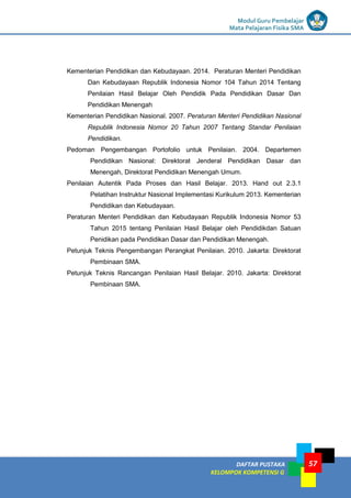 DAFTAR PUSTAKA
KELOMPOK KOMPETENSI G
Modul Guru Pembelajar
Mata Pelajaran Fisika SMA
57
Kementerian Pendidikan dan Kebudayaan. 2014. Peraturan Menteri Pendidikan
Dan Kebudayaan Republik Indonesia Nomor 104 Tahun 2014 Tentang
Penilaian Hasil Belajar Oleh Pendidik Pada Pendidikan Dasar Dan
Pendidikan Menengah
Kementerian Pendidikan Nasional. 2007. Peraturan Menteri Pendidikan Nasional
Republik Indonesia Nomor 20 Tahun 2007 Tentang Standar Penilaian
Pendidikan.
Pedoman Pengembangan Portofolio untuk Penilaian. 2004. Departemen
Pendidikan Nasional: Direktorat Jenderal Pendidikan Dasar dan
Menengah, Direktorat Pendidikan Menengah Umum.
Penilaian Autentik Pada Proses dan Hasil Belajar. 2013. Hand out 2.3.1
Pelatihan Instruktur Nasional Implementasi Kurikulum 2013. Kementerian
Pendidikan dan Kebudayaan.
Peraturan Menteri Pendidikan dan Kebudayaan Republik Indonesia Nomor 53
Tahun 2015 tentang Penilaian Hasil Belajar oleh Pendidikdan Satuan
Penidikan pada Pendidikan Dasar dan Pendidikan Menengah.
Petunjuk Teknis Pengembangan Perangkat Penilaian. 2010. Jakarta: Direktorat
Pembinaan SMA.
Petunjuk Teknis Rancangan Penilaian Hasil Belajar. 2010. Jakarta: Direktorat
Pembinaan SMA.
 