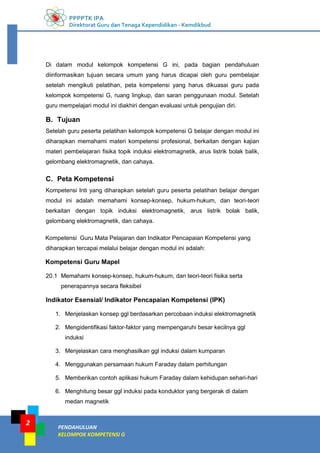 PPPPTK IPA
Direktorat Guru dan Tenaga Kependidikan - Kemdikbud
PENDAHULUAN
KELOMPOK KOMPETENSI G
2
Di dalam modul kelompok kompetensi G ini, pada bagian pendahuluan
diinformasikan tujuan secara umum yang harus dicapai oleh guru pembelajar
setelah mengikuti pelatihan, peta kompetensi yang harus dikuasai guru pada
kelompok kompetensi G, ruang lingkup, dan saran penggunaan modul. Setelah
guru mempelajari modul ini diakhiri dengan evaluasi untuk pengujian diri.
B. Tujuan
Setelah guru peserta pelatihan kelompok kompetensi G belajar dengan modul ini
diharapkan memahami materi kompetensi profesional, berkaitan dengan kajian
materi pembelajaran fisika topik induksi elektromagnetik, arus listrik bolak balik,
gelombang elektromagnetik, dan cahaya.
C. Peta Kompetensi
Kompetensi Inti yang diharapkan setelah guru peserta pelatihan belajar dengan
modul ini adalah memahami konsep-konsep, hukum-hukum, dan teori-teori
berkaitan dengan topik induksi elektromagnetik, arus listrik bolak balik,
gelombang elektromagnetik, dan cahaya.
Kompetensi Guru Mata Pelajaran dan Indikator Pencapaian Kompetensi yang
diharapkan tercapai melalui belajar dengan modul ini adalah:
Kompetensi Guru Mapel
20.1 Memahami konsep-konsep, hukum-hukum, dan teori-teori fisika serta
penerapannya secara fleksibel
Indikator Esensial/ Indikator Pencapaian Kompetensi (IPK)
1. Menjelaskan konsep ggl berdasarkan percobaan induksi elektromagnetik
2. Mengidentifikasi faktor-faktor yang mempengaruhi besar kecilnya ggl
induksi
3. Menjelaskan cara menghasilkan ggl induksi dalam kumparan
4. Menggunakan persamaan hukum Faraday dalam perhitungan
5. Memberikan contoh aplikasi hukum Faraday dalam kehidupan sehari-hari
6. Menghitung besar ggl induksi pada konduktor yang bergerak di dalam
medan magnetik
 
