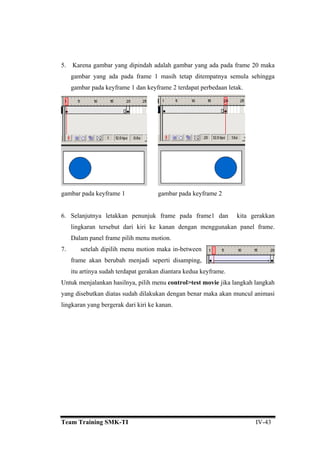 5. Karena gambar yang dipindah adalah gambar yang ada pada frame 20 maka
gambar yang ada pada frame 1 masih tetap ditempatnya semula sehingga
gambar pada keyframe 1 dan keyframe 2 terdapat perbedaan letak.
gambar pada keyframe 1 gambar pada keyframe 2
6. Selanjutnya letakkan penunjuk frame pada frame1 dan kita gerakkan
lingkaran tersebut dari kiri ke kanan dengan menggunakan panel frame.
Dalam panel frame pilih menu motion.
7. setelah dipilih menu motion maka in-between
frame akan berubah menjadi seperti disamping,
itu artinya sudah terdapat gerakan diantara kedua keyframe.
Untuk menjalankan hasilnya, pilih menu control>test movie jika langkah langkah
yang disebutkan diatas sudah dilakukan dengan benar maka akan muncul animasi
lingkaran yang bergerak dari kiri ke kanan.
Team Training SMK-TI IV-43
 