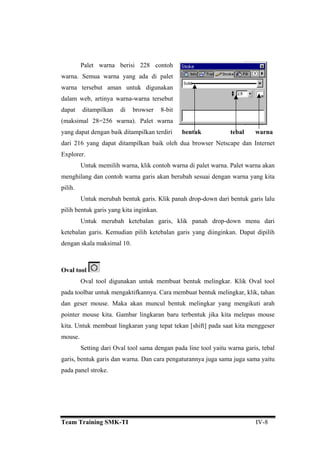 Palet warna berisi 228 contoh
warna. Semua warna yang ada di palet
warna tersebut aman untuk digunakan
dalam web, artinya warna-warna tersebut
dapat ditampilkan di browser 8-bit
(maksimal 28=256 warna). Palet warna
yang dapat dengan baik ditampilkan terdiri bentuk tebal warna
dari 216 yang dapat ditampilkan baik oleh dua browser Netscape dan Internet
Explorer.
Untuk memilih warna, klik contoh warna di palet warna. Palet warna akan
menghilang dan contoh warna garis akan berubah sesuai dengan warna yang kita
pilih.
Untuk merubah bentuk garis. Klik panah drop-down dari bentuk garis lalu
pilih bentuk garis yang kita inginkan.
Untuk merubah ketebalan garis, klik panah drop-down menu dari
ketebalan garis. Kemudian pilih ketebalan garis yang diinginkan. Dapat dipilih
dengan skala maksimal 10.
Oval tool
Oval tool digunakan untuk membuat bentuk melingkar. Klik Oval tool
pada toolbar untuk mengaktifkannya. Cara membuat bentuk melingkar, klik, tahan
dan geser mouse. Maka akan muncul bentuk melingkar yang mengikuti arah
pointer mouse kita. Gambar lingkaran baru terbentuk jika kita melepas mouse
kita. Untuk membuat lingkaran yang tepat tekan [shift] pada saat kita menggeser
mouse.
Setting dari Oval tool sama dengan pada line tool yaitu warna garis, tebal
garis, bentuk garis dan warna. Dan cara pengaturannya juga sama juga sama yaitu
pada panel stroke.
Team Training SMK-TI IV-8
 