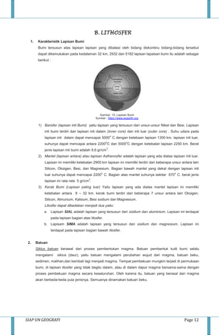 SIAP UN GEOGRAFI Page 12
B. LITHOSFER
1. Karakteristik Lapisan Bumi
Bumi tersusun atas lapisan lapisan yang dibatasi oleh bidang diskontinu bidang-bidang tersebut
dapat dikemukakan pada kedalaman 32 km, 2932 dan 5182 lapisan lapaisan bumi itu adalah sebagai
berikut :
Gambar 10. Lapisan Bumi
Sumber : https://www.eoearth.org
1) Barisfer (lapisan inti Bumi) yaitu lapisan yang tersusun dari unsur-unsur Nikel dan Besi. Lapisan
inti bumi terdiri dari lapisan inti dalam (inner core) dan inti luar (outer core) . Suhu udara pada
lapisan inti dalam dapat mencapai 5000
o
C dengan ketebaan lapisan 1300 km. lapisan inti luar,
suhunya dapat mencapai antara 2200
o
C dan 5000
o
C dengan ketebalan lapisan 2250 km. Berat
jenis lapisan inti bumi adalah 9,6 gr/cm
3
.
2) Mantel (lapisan antara) atau lapisan Asthenosfer adalah lapisan yang ada diatas lapisan inti luar.
Lapisan ini memiliki ketebalan 2900 km lapisan ini memiliki terdiri dari beberapa unsur antara lain
Silicon, Oksigen, Besi, dan Magnesium. Bagian bawah mantel yang dekat dengan lapisan inti
luar suhunya dapat mencapai 2200
o
C. Bagian atas mantel suhunya sekitar 870
o
C. berat jenis
lapisan ini rata rata 5 gr/cm
2
.
3) Kerak Bumi (Lapisan paling luar) Yaitu lapisan yang ada diatas mantel lapisan ini memiliki
ketebalan antara 8 – 32 km. kerak bumi terdiri dari beberapa 7 unsur antara lain Oksigen,
Silicon, Almunium, Kalsium, Besi sodium dan Magnesium.
Litosfer dapat dibedakan menjadi dua yaitu:
a. Lapisan SIAL adalah lapisan yang tersusun dari sisilium dan aluminium. Lapisan ini terdapat
pada lapisan bagian atas litosfer.
b. Lapisam SIMA adalah lapisan yang tersusun dari sisilium dan magnesium. Lapisan ini
terdapat pada lapisan bagian bawah litosfer.
2. Batuan
Siklus batuan berawal dari proses pembentukan magma. Batuan pembentuk kulit bumi selalu
mengalami siklus (daur), yaitu batuan mengalami perubahan wujud dari magma, batuan beku,
sedimen, malihan,dan kembali lagi menjadi magma. Tempat pembekuan mungkin terjadi di permukaan
bumi, di lapisan litosfer yang tidak begitu dalam, atau di dalam dapur magma bersama-sama dengan
proses pembekuan magma secara keseluruhan. Oleh karena itu, batuan yang berasal dari magma
akan berbeda-beda pula jenisnya. Semuanya dinamakan batuan beku.
 