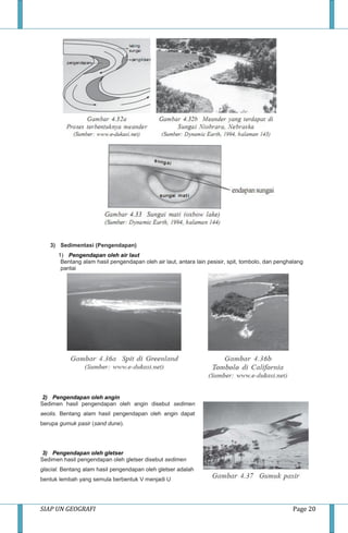 SIAP UN GEOGRAFI Page 20
3) Sedimentasi (Pengendapan)
1) Pengendapan oleh air laut
Bentang alam hasil pengendapan oleh air laut, antara lain pesisir, spit, tombolo, dan penghalang
pantai
2) Pengendapan oleh angin
Sedimen hasil pengendapan oleh angin disebut sedimen
aeolis. Bentang alam hasil pengendapan oleh angin dapat
berupa gumuk pasir (sand dune).
3) Pengendapan oleh gletser
Sedimen hasil pengendapan oleh gletser disebut sedimen
glacial. Bentang alam hasil pengendapan oleh gletser adalah
bentuk lembah yang semula berbentuk V menjadi U
 