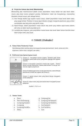 SIAP UN GEOGRAFI Page 21
4) Pergerakan batuan atau tanah (Masswasting)
Masswasting atau massmovement adalah proses perpindahan massa batuan dan atau tanah dalam
volume yang besar karena pengaruh gravitasi. Berdasarkan materi dan kecepatannya, masswasting
dibedakan menjadi empat, yaitu sebagai berikut:
(1) Slow flowage disebut juga rayapan massa (creep), adalah perpindahan massa tanah dalam waktu
yang sangat lambat. Peristiwa ini hanya dapat diketahui dengan mengenali pepohonan yang tumbuh
membengkok atau tiang listrik yang berdiri miring.
(2) Rapid flowage, adalah perpindahan massa batuan atau tanah yang relative cepat karena dibantu
oleh aliran air dalam tanah yang telah jenuh.
(3) Landslide atau longsoran, yaitu perpindahan massa batuan atau tanah dalam bentuk blok-blok besar
dalam jangka waktu yang cepat.
C. TANAH (Pedosfer)
A. Faktor-Faktor Pembentuk Tanah
Ada beberapa faktor penting yang memengaruhi proses pembentukan tanah, antara lain iklim,
organisme, bahan induk, topografi, dan waktu.
B. Profil tanah atau lapisan-lapisan tanah
C. Tekstur Tanah
 