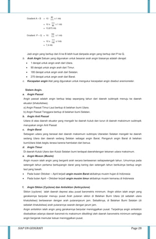 SIAP UN GEOGRAFI Page 28
Jadi angin yang bertiup dari A ke B lebih kuat daripada angin yang bertiup dari P ke Q.
b. Arah Angin Satuan yang digunakan untuk besaran arah angin biasanya adalah derajat.
 1 derajat untuk angin arah dari Utara.
 90 derajat untuk angin arah dari Timur.
 180 derajat untuk angin arah dari Selatan.
 270 derajat untuk angin arah dari Barat.
c. Kecepatan angin Alat yang digunakan untuk mengukur kecepatan angin disebut anemometer.
Sistem Angin.
a. Angin Passat
Angin passat adalah angin bertiup tetap sepanjang tahun dari daerah subtropik menuju ke daerah
ekuator (khatulistiwa).
a) Angin Passat Timur Laut bertiup di belahan bumi Utara.
b) Angin Passat Tenggara bertiup di belahan bumi Selatan.
b. Angin Anti Passat
Udara di atas daerah ekuator yang mengalir ke daerah kutub dan turun di daerah maksimum subtropik
merupakan angin Anti Passat
c. Angin Barat
Sebagian udara yang berasal dari daerah maksimum subtropis Utaradan Selatan mengalir ke daerah
sedang Utara dan daerah sedang Selatan sebagai angin Barat. Pengaruh angin Barat di belahan
bumiUtara tidak begitu terasa karena hambatan dari benua.
d. Angin Timur
Di daerah Kutub Utara dan Kutub Selatan bumi terdapat daerahdengan tekanan udara maksimum.
e. Angin Muson (Musim)
Angin muson ialah angin yang berganti arah secara berlawanan setiapsetengah tahun. Umumnya pada
setengah tahun pertama bertiupangin darat yang kering dan setengah tahun berikutnya bertiup angin
laut yang basah.
 Pada bulan Oktober – April terjadi angin musim Barat akibatnya musim hujan di Indonesia
 Pada bulan April – Oktober terjadi angin musim timur akibatnya musim kemarau di Indonesia
f. Angin Siklon (Cyclone) dan Antisiklon (Anticyclone)
Siklon (cyclone) ialah daerah depresi atau pusat barometris minimum. Angin siklon ialah angin yang
gerakannya berputar menuju pusat Arah putaran siklon di Belahan Bumi Utara (di sebelah utara
khatulistiwa) berlawanan dengan arah putaranjarum jam. Sebaliknya, di Belahan Bumi Selatan (di
sebelah khatulistiwa) arah putarannya searah dengan jarum jam.
Angin antisiklon ialah angin yang gerakannya berputar meninggalkan pusat. Terjadinya angin antisiklon
disebabkan adanya daerah baromet-ris maksimum dikelilingi oleh daerah barometris minimum sehingga
angin bergerak memutar keluar meninggalkan pusat.
 