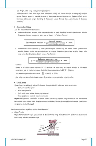 SIAP UN GEOGRAFI Page 30
3) Angin Jatuh yang sifatnya kering dan panas
Angin jatuh atau Fohn ialah angin jatuh bersifatnya kering dan panas terdapat di lereng pegunungan
Alpine. Sejenis angin ini banyak terdapat di Indonesia dengan nama angin Bahorok (Deli), angin
Kumbang (Cirebon), angin Gending di Pasuruan (Jawa Timur), dan Angin Brubu di Sulawesi
Selatan).
3) Kelembaban Udara
Ada dua macam kelembaban udara:
a. Kelembaban udara absolut, ialah banyaknya uap air yang terdapat di udara pada suatu tempat.
Dinyatakan dengan banyaknya gram uap air dalam 1 m³ udara. Rumus:
b. Kelembaban udara relative(Q), ialah perbandingan jumlah uap air dalam udara (kelembaban
absolut) dengan jumlah uap air maksimum yang dapat dikandung oleh udara tersebut dalam suhu
yang sama dan dinyatakan dalam persen (%). Rumus :
Contoh :
Dalam 1 m³ udara yang suhunya 20° C terdapat 14 gram uap air (basah absolut = 14 gram),
sedangkan uap air maksimum yang daat dikandungnya pada suhu 20° C = 20 gram.
Jadi, kelembapan relatif udara itu =
14
20
× 100% = 70%
Alat untuk mengukur kelembapan udara dinamakan hygrometer atau psychrometer.
4) Curah Hujan
Curah hujan yang jatuh di wilayah Indonesia dipengaruhi oleh beberapa factor antara lain:
- Bentuk medan/topografi
- Arah lereng medan
- Arah angin yang sejajar dengan garis pantai
- Jarak perjalanan angin di atas medan datar
Hujan ialah peristiwa sampainya air dalam bentuk cair maupun padat yang dicurahkan dari atmosfer ke
permukaan bumi. Garis pada peta yang menghubungkan tempat-tempat yang mempunyai curah hujan
yang sama disebut Isohyet.
Berdasarkan proses terjadinya, hujan dibedakan atas:
a. Hujan Frontal
Hujan frontal adalah hujan yang terjadi di daerah front, yang disebabkan oleh pertemuan dua massa
udara yang berbeda temperaturnya
𝐾𝑒𝑙𝑒𝑚𝑏𝑎𝑏𝑎𝑛 𝑎𝑏𝑠𝑜𝑙𝑢𝑡 =
𝐽𝑢𝑚𝑙𝑎ℎ 𝑢𝑎𝑝 𝑎𝑖𝑟
𝑉𝑜𝑙𝑢𝑚𝑒 𝑠𝑢𝑎𝑡𝑢 𝑡𝑒𝑚𝑝𝑎𝑡
× 100%
𝑄 =
𝑇𝑒𝑘𝑎𝑛𝑎𝑛 𝑢𝑎𝑝 𝑎𝑖𝑟 𝑛𝑦𝑎𝑡𝑎
𝑇𝑒𝑘𝑎𝑛𝑎𝑛 𝑢𝑎𝑝 𝑎𝑖𝑟 𝑚𝑎𝑘𝑠𝑖𝑚𝑢𝑚
× 100%
 