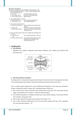SIAP UN GEOGRAFI Page 32
3. Klasifikasi Iklim
a. Iklim Matahari
Klasifikasi iklim matahari, didasarkan pada banyak sedikitnya sinar matahari yang diterima oleh
permukaan bumi.
b. Iklim Kodrat (Menurut Koppen)
Pembagian iklim ini disesuaikan dengan batas kehidupan tumbuh-tumbuhan dan sebagai batas daerah
iklimnya dipergunakan garis isotherm pada bulan terpanas dan terdingin selama satu tahun.
Iklim ini paling banyak dipergunakan orang. Klasifikasinya berdasarkan curah hujan dan temperatur.
Koppen membagi iklim dalam 5 daerah iklim, dinyatakandengan simbol huruf.
1) Iklim A (Iklim Hujan Tropis) Temperatur bulan terdingin tidak kurang dari 18
o
C, curah hujan tahunan
tinggi, rata rata lebih dari 70 cm/tahun. Tumbuhan beraneka ragam.
2) Iklim B (Iklim Kering/Gurun) Terdapat di daerah gurun atau semiarid (steppa), curah hujan terendah
25,5 mm/tahun. Penguapan besar.
3) Iklim C (Iklim Sedang) Temperatur bulan terdingin 18
o
C sampai –3
o
C.
4) Iklim D (Iklim Salju atau Mikrothermal) Suhu rata-rata bulan terpanas lebih dari 10
o
C, sedangkan
suhu rata rata bulan terdingin – 3
o
C.
 