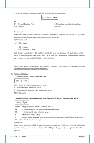 SIAP UN GEOGRAFI Page 44
d. Proyeksi penduduk lipat ganda (Doubling Time) Rumus yang digunakan:
Ket :
DT = Proyeksi Doubling Time
70 = konstante
r = Presentase pertumbuhan penduduk
i = 1 tahun
Contoh soal:
Pada tahun 2000 penduduk Indonesia berjumlah 209.597.000. Pertumbuhan penduduk 1,6%. Kapan
penduduk menjadi dua kali lipat jumlahnya dan berapa jumlahnya?
Penyelesaian soal:
Jadi dengan pertumbuhan 1,6% pertahun, penduduk akan menjadi dua kali lipat dalam waktu 44
tahun.Ini berarti menjadi dua kali lipat = 2000 + 44 = tahun 2044. Pada tahun 2044 penduduk Indonesia
diproyeksikan menjadi 2 x 209.597.000 = 419.194.000 jiwa
Faktor-faktor yang mempengaruhi pertumbuhan penduduk yaitu kelahiran (natalitas), kematian
(mortalitas) dan perpindahan penduduk (migrasi).
C. Kelahiran(Natalitas)
1. Angka kelahiran kasar (Crude Birth Rate)
CBR = Crude Birth Rate (angka kelahiran kasar)
B = Jumlah kelahiran dalam satu tahun
P = Jumlah seluruh penduduk pada pertengahan tahun
1000 = konstanta
2. Angka kelahiran menurut kelompok umur (Age Specific Fertiliy Rate)disingkat ASFR)
ASFRx = Angka kelahiran menurut kelompok umur x
Bx = Jumlah kelahiran dari wanita pada kelompok umur x
Pfx = Jumlah wanita pada kelompok umur x
K = Konstanta (angka 1000)
X = Umur wanita kelompok umur tertentu yang umumnya dihitung tiap 5 tahun seperti 15 – 19
tahun, 20 – 24 tahun dan seterusnya.
Contoh soal:
Suatu daerah pada tahun 2000, terdapat penduduk wanita berusia 24-30 tahun berjumlah 30.000 jiwa.
Jumlah kelahiran pada usia tersebut berjumlah 1.500 jiwa. Berapakah besar angka kelahiran khusus
(ASFR)?
 