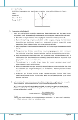 SIAP UN GEOGRAFI Page 54
e) Sudut Bearing
Model bearing, yaitu penentuan arah dengan menghirung besar sudut berdasarkan arah utara.
Contoh
Pembacaan:
Sudut α =U 40' B
Sudut β =U 35' T
3. Penempatan Lokasi Industri
1. Faktor yang mempengaruhi penentuan lokasi industri adalah bahan baku yang digunakan, sumber
tenaga/energi, pasar, tenaga kerja dan biaya angkutan, modal, teknologi, peraturan dan lingkungan.
a. Bahan baku merupakan bahan utama yang digunakan dalam berproduksi pada industri.
b. Sumber tenaga/energi yang dimaksud adalah sumber tenaga/energi yang digunakan dalam
berproduksi yang dapat berupa tenaga hewan, tenaga angin, tenaga air, tenaga listrik, tenaga
panas bumi, tenaga matahari, tenaga uap, minyak bumi dan batubara.
c. Pasar yang dimaksud adalah keberadaan konsumen atau orang yang akan memanfaatkan hasil
industri.
d. Tenaga kerja yang dimaksud adalah tenaga manusia yang dipergunakan dalam berproduksi.
Hal ini berkaitan dengan biaya tenaga kerja dengan kualifikasi dan tingkat ketrampilan tertentu.
e. Biaya angkut termasuk merupakan biaya yang dikeluarkan untuk mengangkut bahan baku di
dalamnya berkaitan dengan kemudahan mendatangkan bahan baku ke lokasi industri dan biaya
pengangkutan hasil produksi ke konsumen.
f. Teknologi dalam hal ini berkaitan dengan sarana dan prasarana pendukung pada industri
seperti peralatan, mesin, dan lain-lainnya.
g. Peraturan dalam hal ini berkaitan dengan regulasi yang dikeluarkan oleh pemerintah baik pusat
maupun daerah yang mengatur tentang tata guna lahan termasuk di dalamnya penentuan lokasi
industri.
h. Lingkungan yang dimaksud berkaitan dengan kepadatan penduduk di sekitar lokasi industri
dalam hal ini berkaitan dengan sumber tenaga kerja dan dampak pencemaran lokasi industri
terhadap lingkungan
2. Aglomerasi industri adalah kecenderungan persebaran yang bersifat mengelompok atau pemusatan
industri pada suatu wilayah tertentu dengan tujuan agar pengelolaanya dapat optimal.
Teori lokasi Weber menggambarkan lokasi pemasaran dan bahan baku yang berbentuk segitiga.
Untuk mengetahui suatu industry berorientasi pada bahan baku atau pada pasar weber membuat
rumusan tentang indeks material
𝐼𝑛𝑑𝑒𝑘𝑠 𝑚𝑎𝑡𝑒𝑟𝑖𝑎𝑙 =
𝑏𝑒𝑟𝑎𝑡 𝑏𝑎ℎ𝑎𝑛 𝑏𝑎𝑘𝑢
𝑏𝑒𝑟𝑎𝑡 𝑏𝑎𝑟𝑎𝑛𝑔 𝑗𝑎𝑑𝑖
Contoh:
Industri yang membuat barang jadi 2 ton membutuhkan bahan baku 4 ton, maka indeks materialnya
4:2 = 2. Maka sebaiknya industry tsb dekat bahan baku.
 