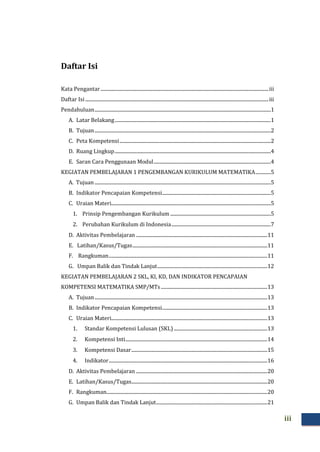 iii
Daftar Isi
Kata Pengantar..............................................................................................................................................iii
Daftar Isi...........................................................................................................................................................iii
Pendahuluan.....................................................................................................................................................1
A. Latar Belakang....................................................................................................................................1
B. Tujuan.....................................................................................................................................................2
C. Peta Kompetensi................................................................................................................................2
D. Ruang Lingkup....................................................................................................................................4
E. Saran Cara Penggunaan Modul...................................................................................................4
KEGIATAN PEMBELAJARAN 1 PENGEMBANGAN KURIKULUM MATEMATIKA.............5
A. Tujuan.....................................................................................................................................................5
B. Indikator Pencapaian Kompetensi............................................................................................5
C. Uraian Materi.......................................................................................................................................5
1. Prinsip Pengembangan Kurikulum .....................................................................................5
2. Perubahan Kurikulum di Indonesia....................................................................................7
D. Aktivitas Pembelajaran ...............................................................................................................11
E. Latihan/Kasus/Tugas..................................................................................................................11
F. Rangkuman......................................................................................................................................11
G. Umpan Balik dan Tindak Lanjut.............................................................................................12
KEGIATAN PEMBELAJARAN 2 SKL, KI, KD, DAN INDIKATOR PENCAPAIAN
KOMPETENSI MATEMATIKA SMP/MTs..........................................................................................13
A. Tujuan..................................................................................................................................................13
B. Indikator Pencapaian Kompetensi.........................................................................................13
C. Uraian Materi....................................................................................................................................13
1. Standar Kompetensi Lulusan (SKL)...............................................................................13
2. Kompetensi Inti........................................................................................................................14
3. Kompetensi Dasar...................................................................................................................15
4. Indikator......................................................................................................................................16
D. Aktivitas Pembelajaran ...............................................................................................................20
E. Latihan/Kasus/Tugas...................................................................................................................20
F. Rangkuman........................................................................................................................................20
G. Umpan Balik dan Tindak Lanjut..............................................................................................21
 