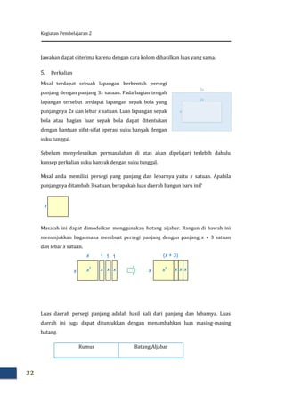 Kegiatan Pembelajaran 2
32
Jawaban dapat diterima karena dengan cara kolom dihasilkan luas yang sama.
5. Perkalian
Misal terdapat sebuah lapangan berbentuk persegi
panjang dengan panjang 3x satuan. Pada bagian tengah
lapangan tersebut terdapat lapangan sepak bola yang
panjangnya 2x dan lebar x satuan. Luas lapangan sepak
bola atau bagian luar sepak bola dapat ditentukan
dengan bantuan sifat-sifat operasi suku banyak dengan
suku tunggal.
Sebelum menyelesaikan permasalahan di atas akan dipelajari terlebih dahulu
konsep perkalian suku banyak dengan suku tunggal.
Misal anda memiliki persegi yang panjang dan lebarnya yaitu x satuan. Apabila
panjangnya ditambah 3 satuan, berapakah luas daerah bangun baru ini?
Masalah ini dapat dimodelkan menggunakan batang aljabar. Bangun di bawah ini
menunjukkan bagaimana membuat persegi panjang dengan panjang x + 3 satuan
dan lebar x satuan.
Luas daerah persegi panjang adalah hasil kali dari panjang dan lebarnya. Luas
daerah ini juga dapat ditunjukkan dengan menambahkan luas masing-masing
batang.
Rumus Batang Aljabar
x
x
2x
3x
x
x
1 1 1 (x + 3)
xxx2
x x xx2
x x
 