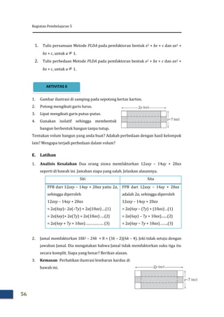 Kegiatan Pembelajaran 5
56
1. Tulis persamaan Metode PLDA pada pemfaktoran bentuk x2 + bx + c dan ax2 +
bx + c, untuk a 1.
2. Tulis perbedaan Metode PLDA pada pemfaktoran bentuk x2 + bx + c dan ax2 +
bx + c, untuk a 1.
1. Gambar ilustrasi di samping pada sepotong kertas karton.
2. Potong mengikuti garis lurus.
3. Lipat mengikuti garis putus-putus.
4. Gunakan isolatif sehingga membentuk
bangun berbentuk bangun tanpa tutup.
Tentukan volum bangun yang anda buat? Adakah perbedaan dengan hasil kelompok
lain? Mengapa terjadi perbedaan dalam volum?
E. Latihan
1. Analisis Kesalahan Dua orang siswa memfaktorkan 12axy – 14ay + 20ax
seperti di bawah ini. Jawaban siapa yang salah. Jelaskan alasannya.
Siti Sita
FPB dari 12axy – 14ay + 20ax yaitu 2a,
sehingga diperoleh
12axy – 14ay + 20ax
= 2a(6xy)– 2a(–7y) + 2a(10ax)….(1)
= 2a(6xy)+ 2a(7y) + 2a(10ax)…..(2)
= 2a(6xy + 7y + 10ax)….…….……. (3)
FPB dari 12axy – 14ay + 20ax
adalah 2a, sehingga diperoleh
12axy – 14ay + 20ax
= 2a(6xy – (7y) + (10ax)…(1)
= 2a(6xy) – 7y + 10ax).......(2)
= 2a(6xy – 7y + 10ax)……..(3)
2. Jamal memfaktorkan 18k2 – 24k + 8 = (3k – 2)(6k – 4). Jeki tidak setuju dengan
jawaban Jamal. Dia mengatakan bahwa Jamal tidak memfaktorkan suku tiga itu
secara komplit. Siapa yang benar? Berikan alasan.
3. Kemasan Perhatikan ilustrasi lembaran kardus di
bawah ini.


AKTIVITAS 6
 