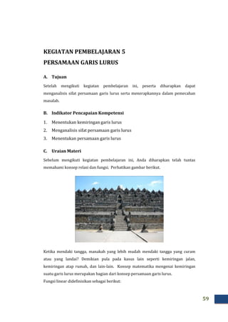 59
KEGIATAN PEMBELAJARAN 5
PERSAMAAN GARIS LURUS
A. Tujuan
Setelah mengikuti kegiatan pembelajaran ini, peserta diharapkan dapat
menganalisis sifat persamaan garis lurus serta menerapkannya dalam pemecahan
masalah.
B. Indikator Pencapaian Kompetensi
1. Menentukan kemiringan garis lurus
2. Menganalisis sifat persamaan garis lurus
3. Menentukan persamaan garis lurus
C. Uraian Materi
Sebelum mengikuti kegiatan pembelajaran ini, Anda diharapkan telah tuntas
memahami konsep relasi dan fungsi. Perhatikan gambar berikut.
Ketika mendaki tangga, manakah yang lebih mudah mendaki tangga yang curam
atau yang landai? Demikian pula pada kasus lain seperti kemiringan jalan,
kemiringan atap rumah, dan lain-lain. Konsep matematika mengenai kemiringan
suatu garis lurus merupakan bagian dari konsep persamaan garis lurus.
Fungsi linear didefinisikan sebagai berikut:
 