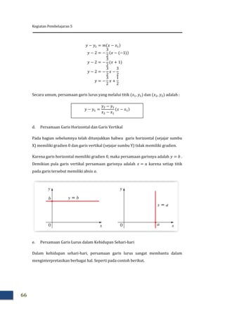 Kegiatan Pembelajaran 5
66
Secara umum, persamaan garis lurus yang melalui titik dan adalah :
d. Persamaan Garis Horizontal dan Garis Vertikal
Pada bagian sebelumnya telah ditunjukkan bahwa garis horizontal (sejajar sumbu
X) memiliki gradien 0 dan garis vertikal (sejajar sumbu Y) tidak memiliki gradien.
Karena garis horizontal memiliki gradien 0, maka persamaan garisnya adalah .
Demikian pula garis vertikal persamaan garisnya adalah karena setiap titik
pada garis tersebut memiliki absis a.
e. Persamaan Garis Lurus dalam Kehidupan Sehari-hari
Dalam kehidupan sehari-hari, persamaan garis lurus sangat membantu dalam
menginterpretasikan berbagai hal. Seperti pada contoh berikut.
 