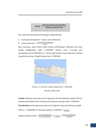 Modul Matematika SMP
73
Dari rumus tersebut diperoleh hubungan sebagai berikut.
a. Jarak pada peta/gambar = skala × jarak sebenarnya
b. Jarak sebenarnya =
Pada umumnya, skala ditulis dalam bentuk perbandingan. Misalnya peta Jawa
tengah menggunakan skala . Artinya, jarak pada peta
menunjukkan jarak pada keadaan yang sebenarnya. Berikut
ini gambar peta Jawa Tengah dengan skala 1: 5.000.000.
Gambar 3. 2. Peta Jawa Tengah dengan Skala 1: 5.0000.000
(Sumber: google map)
Contoh: Diketahui jarak antara kota Yogyakarta dan kota Kebumen adalah .
Tentukan jarak kedua kota tersebut pada sebuah peta dengan skala .
Penyelesaian: Jarak sebenarnya antara kota Yogyakarta dan kota Kebumen adalah
Skala peta adalah
Dengan demikian, 
 