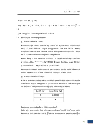 Modul Matematika SMP
77
   =
4.
Jadi nilai p pada perbandingan tersebut adalah 4.
2) Perhitungan Perbandingan Senilai
(1) Berdasarkan nilai satuan
Misalnya harga 4 liter premium Rp 29.600,00. Bagaimanakah menentukan
harga 25 liter premium dengan menggunakan cara nilai satuan? Untuk
menjawab permasalahan tersebut dengan menggunakan nilai satuan, maka
harus dicari terlebih dahulu harga satu liter premium.
Karena harga 4 liter premium adalah Rp 29.600,00 maka harga satu liter
premium adalah . Dengan demikian, harga 25 liter
premium adalah
Pada contoh tersebut, untuk mencari perbandingan senilai berdasarkan nilai
satuan, maka harus dicari nilai satu satuan barangnya terlebih dahulu.
(2) Berdasarkan Perbandingan
Masalah matematika yang berkaitan dengan perbandingan senilai dapat pula
diselesaikan dengan menggunakan perbandingan. Perhatikan tabel hubungan
antara jumlah liter premium dan harga yang harus dibayar berikut.
Jumlah Liter Jumlah Harga (Rp)
2 14.800,00
30 x
Bagaimana menentukan harga 30 liter premium?
Pada tabel tersebut, terlihat bahwa perbandingan “jumlah liter” pada baris
kedua dan baris pertama adalah .Dengan menggunakan perbandingan
 