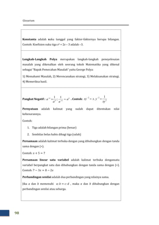 Glosarium
98
Konstanta adalah suku tunggal yang faktor-faktornya berupa bilangan.
Contoh: Koefisien suku tiga x2 + 2x – 3 adalah –3.
Langkah-Langkah Polya merupakan langkah-langkah peneyelesaian
masalah yang dikenalkan oleh seorang tokoh Matematika yang dikenal
sebagai “Bapak Pemecahan Masalah” yaitu George Polya:
1) Memahami Masalah, 2) Merencanakan strategi, 3) Melaksanakan strategi,
4) Memeriksa hasil.
Pangkat Negatif : n
nn
n
a
aa
a  
 1
;
1
. Contoh: 2
22 1
.
xy
yxxy  
Pernyataan adalah kalimat yang sudah dapat ditentukan nilai
kebenarannya.
Contoh:
1. Tiga adalah bilangan prima (benar)
2. Sembilas belas habis dibagi tiga (salah)
Persamaan adalah kalimat terbuka dengan yang dihubungkan dengan tanda
sama dengan (=).
Contoh:
Persamaan linear satu variabel adalah kalimat terbuka dengansatu
variabel berpangkat satu dan dihubungkan dengan tanda sama dengan (=).
Contoh:
Perbandingan senilai adalah dua perbandingan yang nilainya sama.
Jika a dan b memenuhi , maka a dan b dihubungkan dengan
perbandingan senilai atau seharga.
 