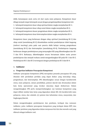Kegiatan Pembelajaran 2
16
didik, kemampuan awal, serta ciri dari suatu mata pelajaran. Kompetensi dasar
dibagi menjadi empat kelompok sesuai dengan pengelompokkan kompetensi inti:
1. kelompok kompetensi dasar sikap spiritual dalam rangka menjabarkan KI-1;
2. kelompok kompetensi dasar sikap sosial dalam rangka menjabarkan KI-2;
3. kelompok kompetensi dasasr pengetahuan dalam rangka menjabarkan KI-3;
4. kelompok kompetensi dasar keterampilan dalam rangka menjabarkan KI-4.
Kompetensi dasar yang berkenaan dengan sikap spiritual (mendukung KI-1) dan
sikap sosial (mendukung KI-2) ditumbuhkan melalui pembelajaran tidak langsung
(indirect teaching) yaitu pada saat peserta didik belajar tentang pengetahuan
(mendukung KI-3) dan keterampilan (mendukung KI-4). Pembelajaran langsung
berkenaan dengan pembelajaran yang menyangkut KD yang dikembangkan dari KI-
3 dan KI-4. Keduanya, dikembangkan secara bersamaan dalam suatu proses
pembelajaran dan menjadi wahana untuk mengembangkan KD pada KI-1 dan KI-2.
Pembelajaran KI-1 dan KI-2 terintegrasi dengan pembelajaran KI-3 dan KI-4.
4. Indikator
a. Pengertian Indikator Pencapaian Kompetensi
Indikator pencapaian kompetensi (IPK) merupakan penanda pencapaian KD yang
ditandai oleh perubahan perilaku yang dapat diukur yang mencakup sikap,
pengetahuan, dan keterampilan. IPK dikembangkan sesuai dengan karakteristik
siswa, mata pelajaran, satuan pendidikan, potensi daerah dan dirumuskan dalam
kata kerja operasional yang terukur dan/atau dapat diobservasi. Dalam
mengembangkan IPK perlu mempertimbangkan: (a) tuntutan kompetensi yang
dapat dilihat melalui kata kerja yang digunakan dalam KD; (b) karakteristik mata
pelajaran, siswa, dan sekolah; (c) potensi dan kebutuhan siswa, masyarakat, dan
lingkungan/daerah.
Dalam mengembangkan pembelajaran dan penilaian, terdapat dua rumusan
indikator, yaitu: indikator pencapaian kompetensi yang terdapat dalam RPP, dan
indikator penilaian yang digunakan dalam menyusun kisi-kisi dan menulis soal yang
dikenal sebagai indikator soal.
 