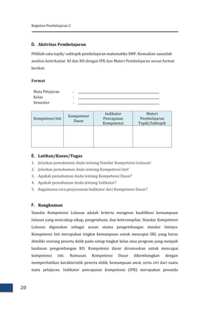 Kegiatan Pembelajaran 2
20
D. Aktivitas Pembelajaran
Pilihlah satu topik/ subtopik pembelajaran matematika SMP. Kemudian susunlah
analisis keterkaitan KI dan KD dengan IPK dan Materi Pembelajaran sesuai format
berikut.
Format
Mata Pelajaran : ______________________________________________________
Kelas : ______________________________________________________
Semester : ______________________________________________________
Kompetensi Inti
Kompetensi
Dasar
Indikator
Pencapaian
Kompetensi
Materi
Pembelajaran
Topik/Subtopik
E. Latihan/Kasus/Tugas
1. Jelaskan pemahaman Anda tentang Standar Kompetensi Lulusan!
2. Jelaskan pemahaman Anda tentang Kompetensi Inti!
3. Apakah pemahaman Anda tentang Kompetensi Dasar?
4. Apakah pemahaman Anda tentang Indikator?
5. Bagaimana cara penyusunan Indikator dari Kompetensi Dasar?
F. Rangkuman
Standar Kompetensi Lulusan adalah kriteria mengenai kualifikasi kemampuan
lulusan yang mencakup sikap, pengetahuan, dan keterampilan. Standar Kompetensi
Lulusan digunakan sebagai acuan utama pengembangan standar lainnya.
Kompetensi Inti merupakan tingkat kemampuan untuk mencapai SKL yang harus
dimiliki seorang peserta didik pada setiap tingkat kelas atau program yang menjadi
landasan pengembangan KD. Kompetensi dasar dirumuskan untuk mencapai
kompetensi inti. Rumusan Kompetensi Dasar dikembangkan dengan
memperhatikan karakteristik peserta didik, kemampuan awal, serta ciri dari suatu
mata pelajaran. Indikator pencapaian kompetensi (IPK) merupakan penanda
 