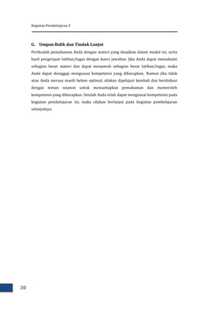 Kegiatan Pembelajaran 3
30
G. Umpan Balik dan Tindak Lanjut
Periksalah pemahaman Anda dengan materi yang disajikan dalam modul ini, serta
hasil pengerjaan latihan/tugas dengan kunci jawaban. Jika Anda dapat memahami
sebagian besar materi dan dapat menjawab sebagian besar latihan/tugas, maka
Anda dapat dianggap menguasai kompetensi yang diharapkan. Namun jika tidak
atau Anda merasa masih belum optimal, silakan dipelajari kembali dan berdiskusi
dengan teman sejawat untuk memantapkan pemahaman dan memeroleh
kompetensi yang diharapkan. Setelah Anda telah dapat menguasai kompetensi pada
kegiatan pembelajaran ini, maka silakan berlanjut pada kegiatan pembelajaran
selanjutnya.
 
