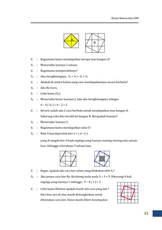 Modul Matematika SMP
35
G : Bagaimana kamu mendapatkan berapa luas bangun A?
S1 : Menurutku luasnya 2 satuan.
G : Bagaimana memperolehnya?
S1 : Aku menghitungnya . ½ + ½ + ½ + ½
G : Adakah di antara kalian yang cara mendapatkannya secara berbeda?
S2 : Ada Bu Guru.
G : Coba kamu (S2).
S2 : Menurutku benar luasnya 2, tapi aku menghitungnya sebagai:
4 – 4 ( ½ ) = 4 – 2 = 2
G : Berarti sudah ada 2 cara berbeda untuk mendapatkan luas bangun A.
Sekarang coba kita beralih ke bangun B. Berapakah luasnya?
S3 : Menurutku luasnya 5.
G : Bagaimana kamu mendapatkan nilai 5?
S3 : Nilai 5 kan diperoleh dari 1 + ( 4 1 )
yang di tengah dan 4 buah segitiga yang luasnya masing-masing satu satuan
luas. Sehingga seluruhnya 5 satuan luas.
G : Bagus, apakah ada cara lain selain yang dilakukan oleh S3?
S4 : Aku punya cara lain Bu. Ku hitung mula-mula 3  3 = 9. Dikurangi 4 kali
segitiga yang luasnya 1 sehingga: 9 – 4 ( 1 ) = 5
G : Coba kamu fikirkan apakah masih ada cara yang lain ?
Dari dua cara di atas masih dimungkinkan untuk
ditemukan cara lain. Siswa masih diberi kesempatan
 
