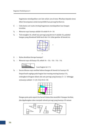 Kegiatan Pembelajaran 4
36
bagaimana mendapatkan cara lain selain cara di atas. Misalnya kepada siswa
diberi kesempatan untuk menyelidiki luas persegi berikut ini.
G : Coba kamu cari suatu strategi bagaimana mendapatkan luas bangun
tersebut.
S6 : Menurut saya luasnya adalah 16 sebab 44 = 16
S5 : Tak mungkin 16, sebab luas persegi yang bersisi 4 adalah 16, padahal
bangun yang dimaksud lebih kecil dari 16. Lihat gambar di bawah ini.
G : Kalau demikian berapa luasnya?
S5 : Menurut saya sih hanya 10, sebab 16 – 1½ - 1½ - 1½ - 1½
Luas bagian ini 1 ½
S4 : Secara khusus saya melihat bahwa bangun di bawah ini luasnya 10.
Empat buah segitiga pada bagian luar masing-masing luasnya 1½,
sedangkan di bagian dalam ada satu persegi yang luasnya 2  2. Sehingga
semuanya adalah 4 + (41½)=4+6 =10.
Dengan pola-pola seperti itu berarti kalau kita memiliki 4 bangun berikut,
jika digabungkan akan menjadi sebuah persegi yang luasnya 10 satuan
 