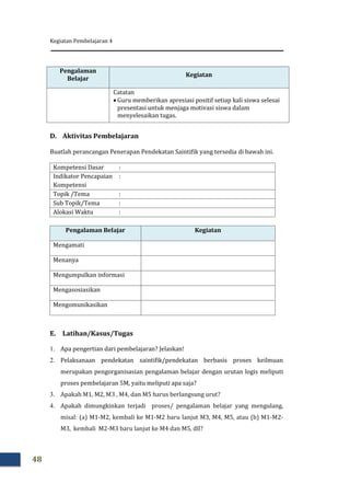 Kegiatan Pembelajaran 4
48
Pengalaman
Belajar
Kegiatan
Catatan
 Guru memberikan apresiasi positif setiap kali siswa selesai
presentasi untuk menjaga motivasi siswa dalam
menyelesaikan tugas.
D. Aktivitas Pembelajaran
Buatlah perancangan Penerapan Pendekatan Saintifik yang tersedia di bawah ini.
Kompetensi Dasar :
Indikator Pencapaian
Kompetensi
:
Topik /Tema :
Sub Topik/Tema :
Alokasi Waktu :
Pengalaman Belajar Kegiatan
Mengamati
Menanya
Mengumpulkan informasi
Mengasosiasikan
Mengomunikasikan
E. Latihan/Kasus/Tugas
1. Apa pengertian dari pembelajaran? Jelaskan!
2. Pelaksanaan pendekatan saintifik/pendekatan berbasis proses keilmuan
merupakan pengorganisasian pengalaman belajar dengan urutan logis meliputi
proses pembelajaran 5M, yaitu meliputi apa saja?
3. Apakah M1, M2, M3 , M4, dan M5 harus berlangsung urut?
4. Apakah dimungkinkan terjadi proses/ pengalaman belajar yang mengulang,
misal: (a) M1-M2, kembali ke M1-M2 baru lanjut M3, M4, M5, atau (b) M1-M2-
M3, kembali M2-M3 baru lanjut ke M4 dan M5, dll?
 