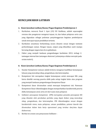 51
KUNCI JAWABAN LATIHAN
A. Kunci Jawaban Latihan/Kasus/Tugas Kegiatan Pembelajaran 1
1. Kurikulum, menurut Pasal 1 Ayat (19) UU Sisdiknas, adalah seperangkat
rencana dan pengaturan mengenai tujuan, isi, dan bahan pelajaran serta cara
yang digunakan sebagai pedoman penyelenggaraan kegiatan pembelajaran
untuk mencapai tujuan pendidikan tertentu
2. Kurikulum senantiasa berkembang secara dinamis sesuai dengan tuntutan
perkembangan zaman. Dengan tujuan, output yang dihasilkan nanti mampu
bersaing dengan negara lain di era globalisasi.
3. Faktor yang menjadi landasan pengembangan kurikulum 2013, terbagi 2:
tantangan internal dan tantangan eksternal. (selanjutnya silakan merujuk pada
uraian materi).
B. Kunci Jawaban Latihan/Kasus/Tugas Kegiatan Pembelajaran 2
1. Standar Kompetensi Lulusan adalah kriteria mengenai kualifikasi kemampuan
lulusan yang mencakup sikap, pengetahuan, dan keterampilan.
2. Kompetensi Inti merupakan tingkat kemampuan untuk mencapai SKL yang
harus dimiliki seorang peserta didik pada setiap tingkat kelas atau program
yang menjadi landasan pengembangan Kompetensi Dasar
3. Kompetensi dasar dirumuskan untuk mencapai kompetensi inti. Rumusan
Kompetensi Dasar dikembangkan dengan memperhatikan karakteristik peserta
didik, kemampuan awal, serta ciri dari suatu mata pelajaran
4. Indikator pencapaian kompetensi (IPK) merupakan penanda pencapaian KD
yang ditandai oleh perubahan perilaku yang dapat diukur yang mencakup
sikap, pengetahuan, dan keterampilan. IPK dikembangkan sesuai dengan
karakteristik siswa, mata pelajaran, satuan pendidikan, potensi daerah dan
dirumuskan dalam kata kerja operasional yang terukur dan/atau dapat
diobservasi.
5. Berikut ini urutan cara penyusunan Indikator :
 