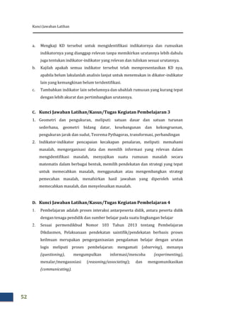 Kunci Jawaban Latihan
52
a. Mengkaji KD tersebut untuk mengidentifikasi indikatornya dan rumuskan
indikatornya yang dianggap relevan tanpa memikirkan urutannya lebih dahulu
juga tentukan indikator-indikator yang relevan dan tuliskan sesuai urutannya.
b. Kajilah apakah semua indikator tersebut telah mempresentasikan KD nya,
apabila belum lakulanlah analisis lanjut untuk menemukan in dikator-indikator
lain yang kemungkinan belum teridentifikasi.
c. Tambahkan indikator lain sebelumnya dan ubahlah rumusan yang kurang tepat
dengan lebih akurat dan pertimbangkan urutannya.
C. Kunci Jawaban Latihan/Kasus/Tugas Kegiatan Pembelajaran 3
1. Geometri dan pengukuran, meliputi: satuan dasar dan satuan turunan
sederhana, geometri bidang datar, kesebangunan dan kekongruenan,
pengukuran jarak dan sudut, Teorema Pythagoras, transformasi, perbandingan
2. Indikator-indikator pencapaian kecakapan penalaran, meliputi: memahami
masalah, mengorganisasi data dan memilih informasi yang relevan dalam
mengidentifikasi masalah, menyajikan suatu rumusan masalah secara
matematis dalam berbagai bentuk, memilih pendekatan dan strategi yang tepat
untuk memecahkan masalah, menggunakan atau mengembangkan strategi
pemecahan masalah, menafsirkan hasil jawaban yang diperoleh untuk
memecahkan masalah, dan menyelesaikan masalah.
D. Kunci Jawaban Latihan/Kasus/Tugas Kegiatan Pembelajaran 4
1. Pembelajaran adalah proses interaksi antarpeserta didik, antara peserta didik
dengan tenaga pendidik dan sumber belajar pada suatu lingkungan belajar
2. Sesuai permendikbud Nomor 103 Tahun 2013 tentang Pembelajaran
Dikdasmen, Pelaksanaan pendekatan saintifik/pendekatan berbasis proses
keilmuan merupakan pengorganisasian pengalaman belajar dengan urutan
logis meliputi proses pembelajaran: mengamati (observing), menanya
(questioning), mengumpulkan informasi/mencoba (experimenting),
menalar/mengasosiasi (reasoning/associating); dan mengomunikasikan
(communicating).
 