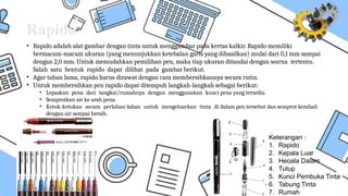 Rapido
• Rapido adalah alat gambar dengan tinta untuk menggambar pada kertas kalkir. Rapido memiliki
bermacam-macam ukuran (yang menunjukkan ketebalan garis yang dihasilkan) mulai dari 0,1 mm sampai
dengan 2,0 mm. Untuk memudahkan pemilihan pen, maka tiap ukuran ditandai dengan warna tertentu.
Salah satu bentuk rapido dapat dilihat pada gambar berikut.
• Agar tahan lama, rapido harus dirawat dengan cara membersihkannya secara rutin.
• Untuk membersihkan pen rapido dapat ditempuh langkah-langkah sebagai berikut:
• Lepaskan pena dari tangkai/rumahnya dengan menggunakan kunci pena yang tersedia.
• Semprotkan air ke arah pena.
• Ketuk-ketukan secara perlahan-lahan untuk mengeluarkan tinta di dalam pen tersebut dan semprot kembali
dengan air sampai bersih.
Keterangan :
1. Rapido
2. Kepala Luar
3. Heoala Dalam
4. Tutup
5. Kunci Pembuka Tinta
6. Tabung Tinta
7. Rumah
 